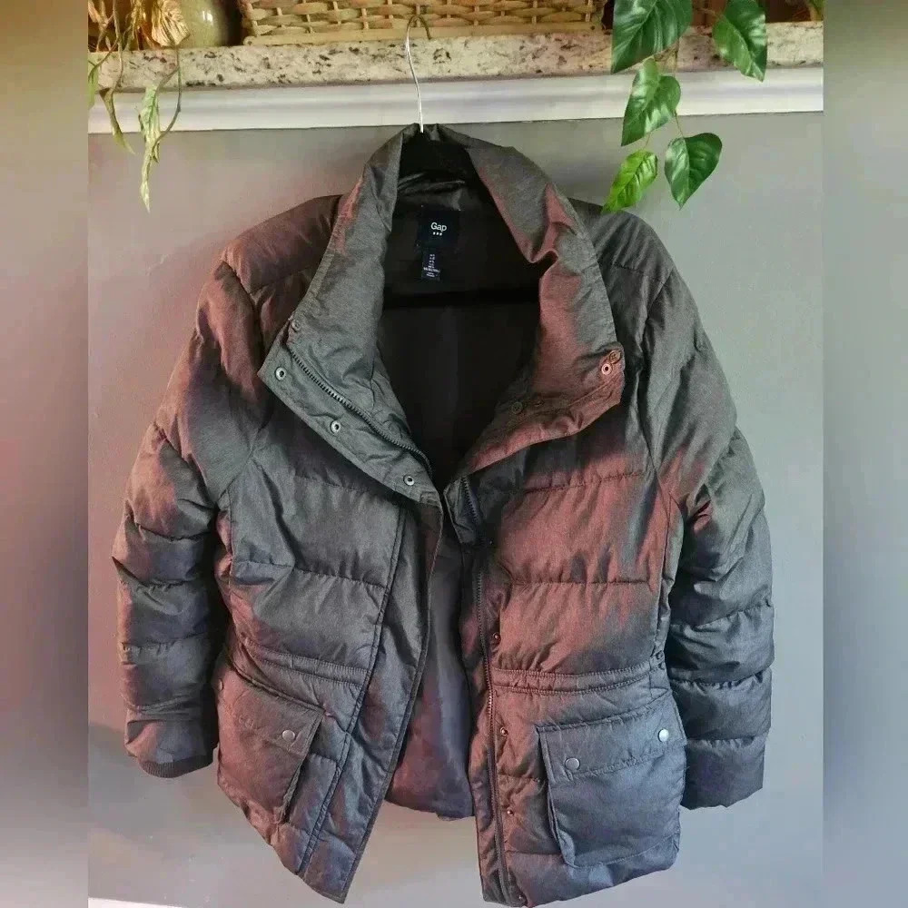 Gap Dark Gray Elastic Waist Puffer Coat Women (L)
